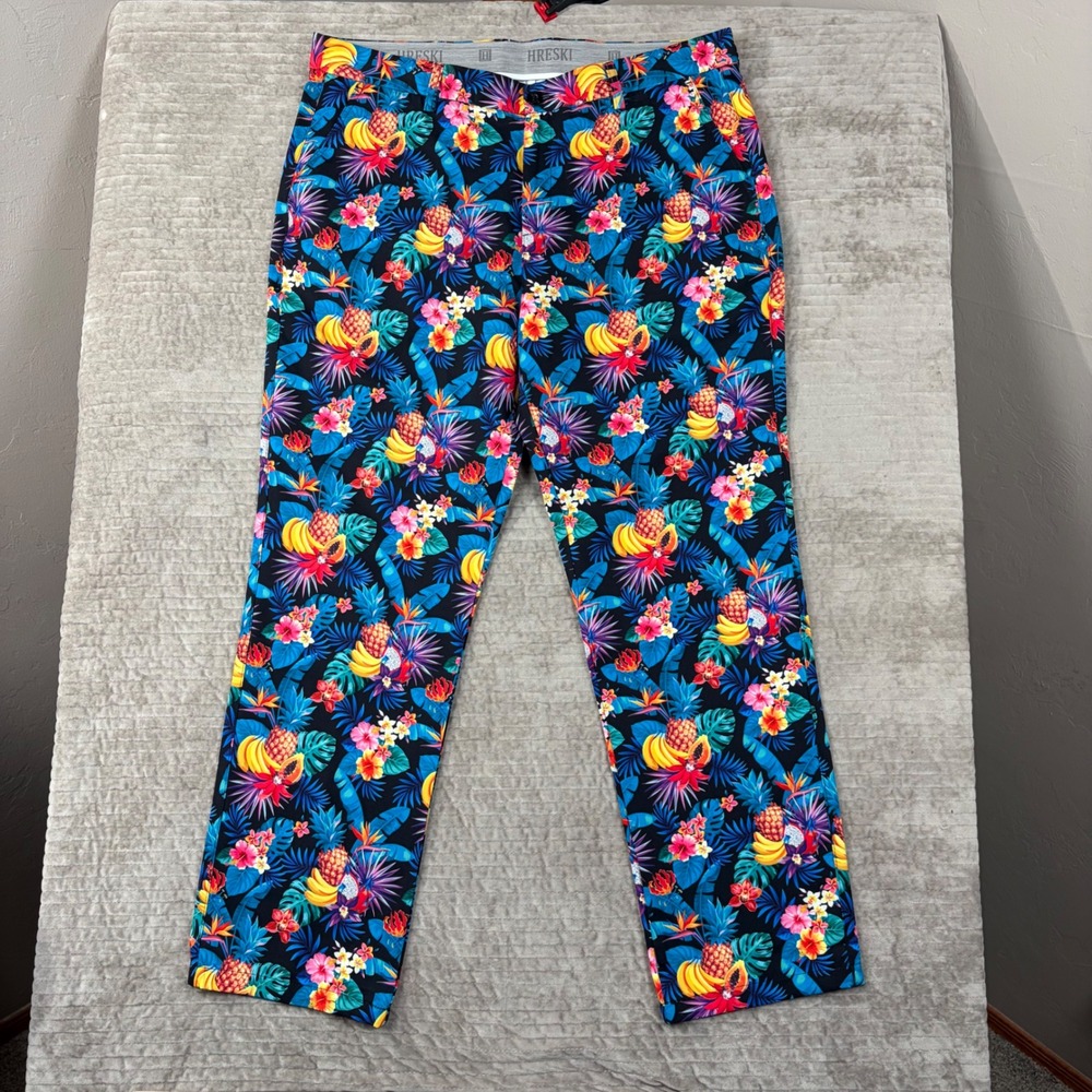 Hreski Mens Tropical Fruit Floral Golf Pants 38x30 Multi Color Pineapple Stretch